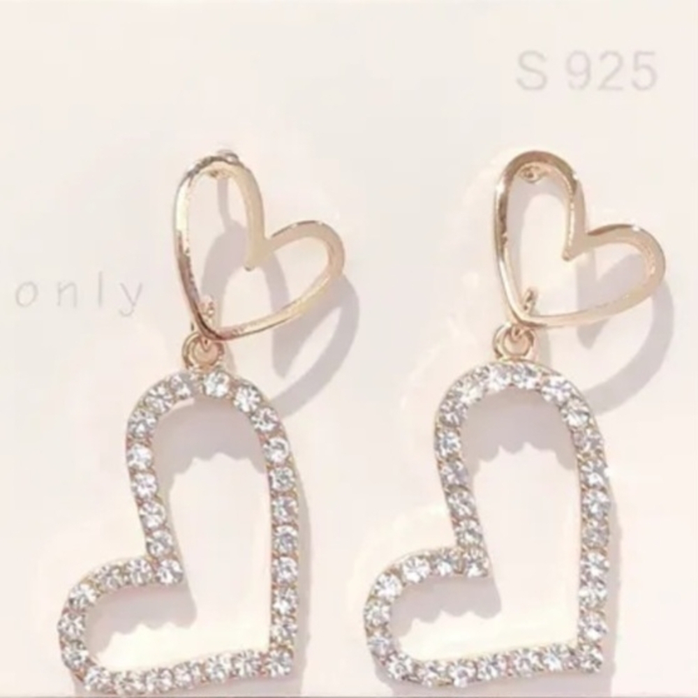 I'LL TRY TO RESTOCK Double Heart Drop Rhinestone Earrings Gold Tone S925 - Picture 6 of 13